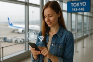 tourist activating eSIMs Japan plan at airport