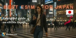 eSIMs Japan traveler using phone in Tokyo at night